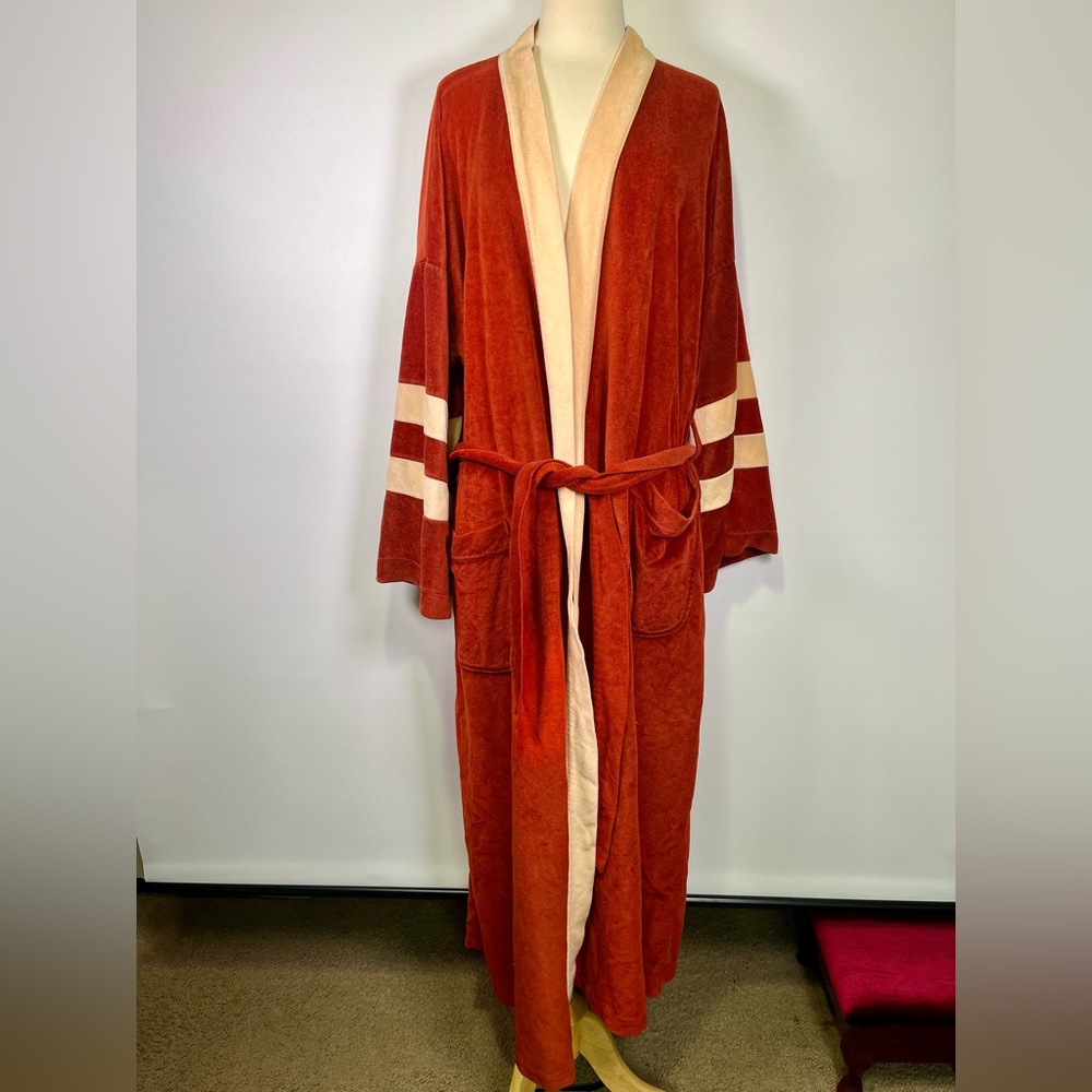 VTG 70s Burnt Orange Velour Robe Varsity Stripe Lounge Kimono Style Mid Century - Picture 3 of 16